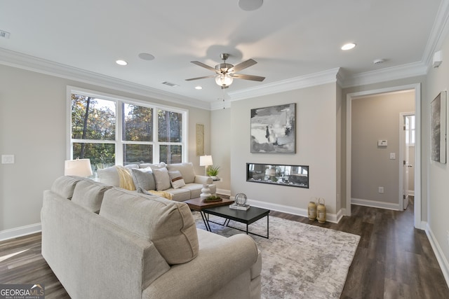 living room with ceiling fan, dark hardwood / wood-style floors, and ornamental molding