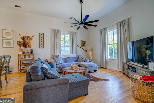 living room with ceiling fan, a healthy amount of sunlight, and light wood-type flooring