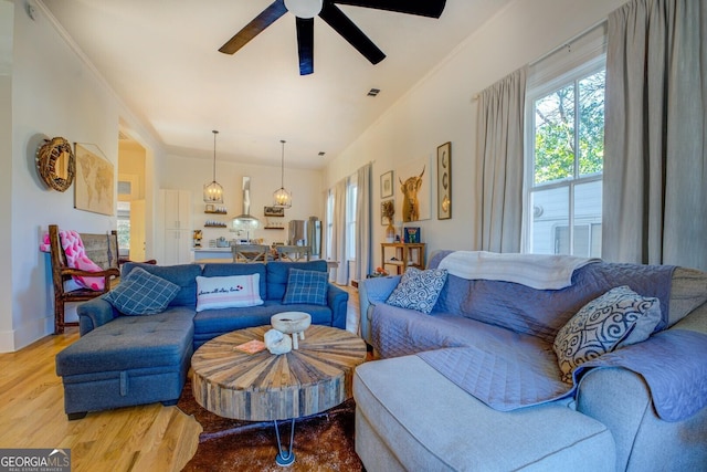 living room with ceiling fan, crown molding, and hardwood / wood-style flooring