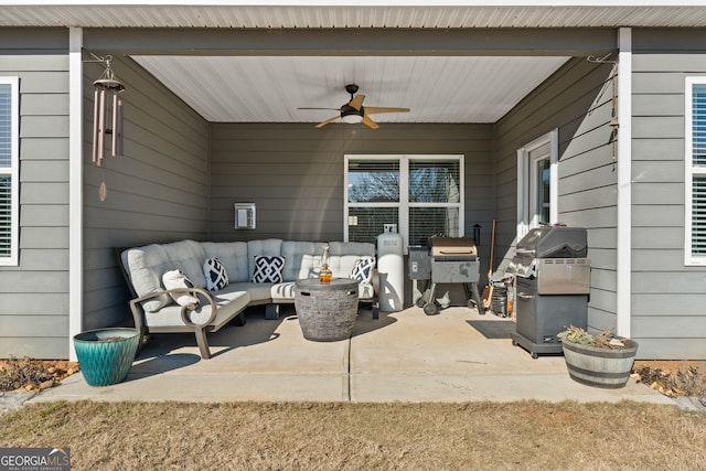 view of patio with an outdoor hangout area, ceiling fan, and a grill