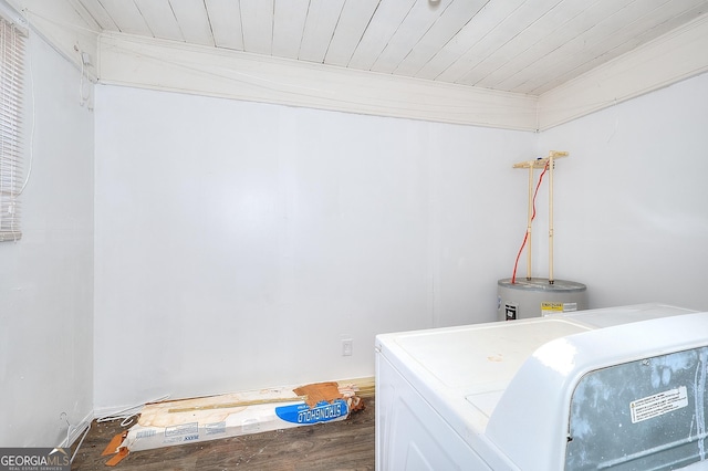 clothes washing area with wooden ceiling, hardwood / wood-style floors, electric water heater, and washer / dryer