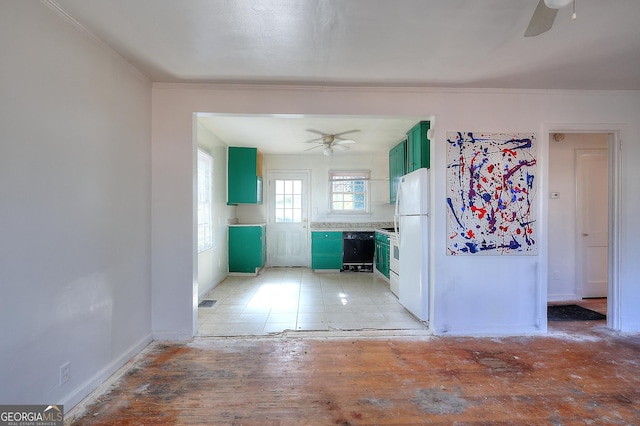 interior space with ceiling fan and crown molding