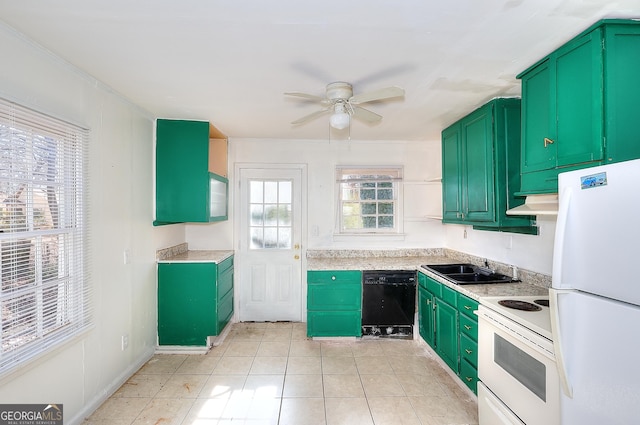 kitchen featuring ceiling fan, sink, white appliances, green cabinetry, and light tile patterned floors