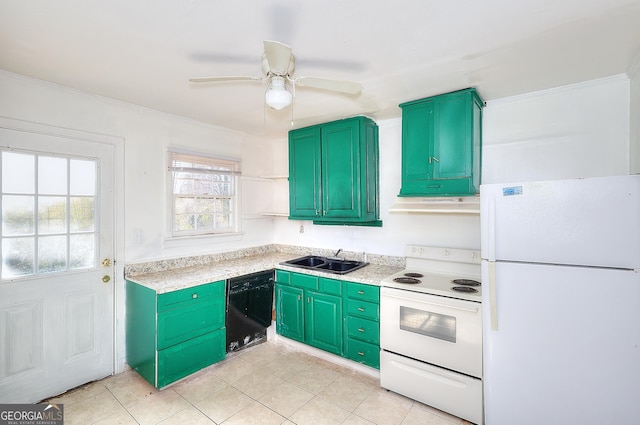 kitchen with ceiling fan, light tile patterned flooring, sink, and white appliances