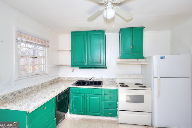 kitchen with ceiling fan, sink, and white appliances