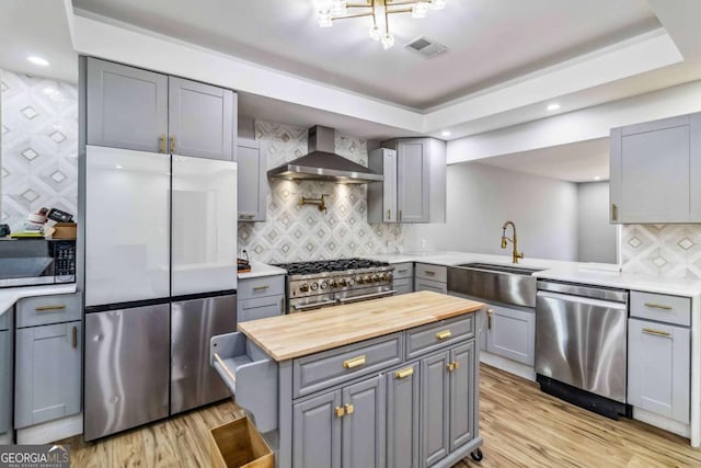 kitchen featuring appliances with stainless steel finishes, wall chimney exhaust hood, backsplash, and sink