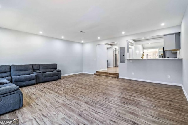 living room featuring light wood-type flooring and electric panel