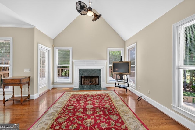 4225 Dunham Park, Flowery Branch, GA 30542 - living room with healthy amount of natural light, wood finished floors, a fireplace, and lofted ceiling