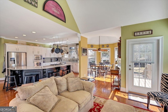 living room with hardwood / wood-style flooring, plenty of natural light, sink, and lofted ceiling