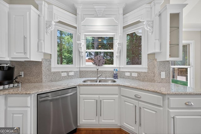 4225 Dunham Park, Flowery Branch, GA 30542 - kitchen with dishwasher, white cabinetry, glass insert cabinets, decorative backsplash, and light stone counters