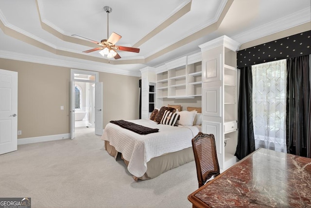 4225 Dunham Park, Flowery Branch, GA 30542 - bedroom with a tray ceiling, crown molding, light carpet, and ceiling fan