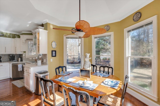 dining area with ceiling fan, dark wood-type flooring, sink, and crown molding