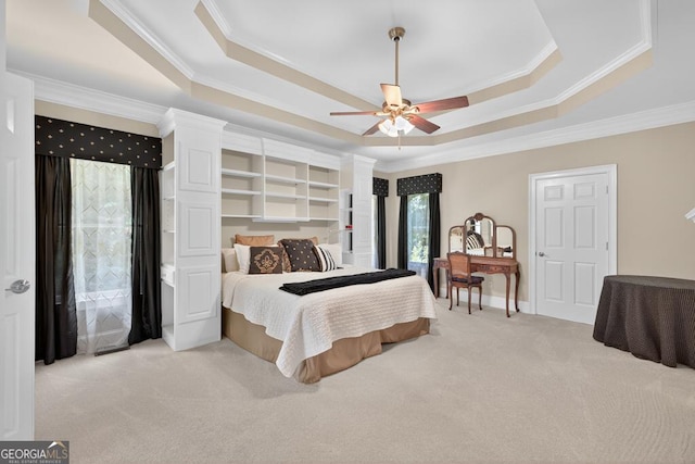 4225 Dunham Park, Flowery Branch, GA 30542 - bedroom with a tray ceiling, light carpet, ornamental molding, and ceiling fan
