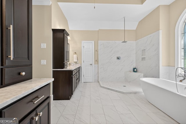 4225 Dunham Park, Flowery Branch, GA 30542 - full bathroom with marble finish floors, a marble finish shower, a freestanding tub, and vanity