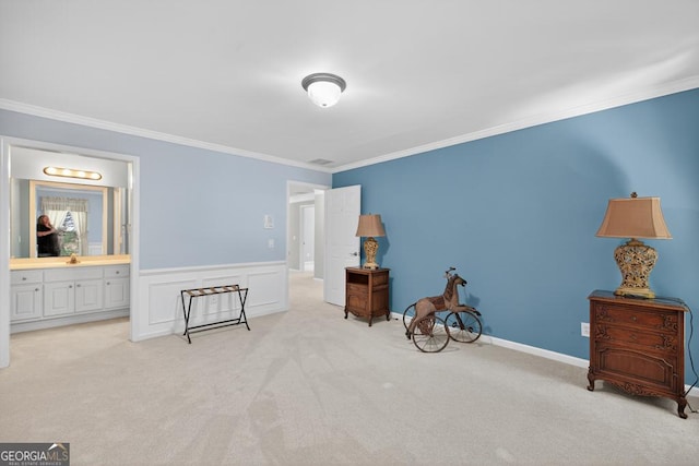 4225 Dunham Park, Flowery Branch, GA 30542 - unfurnished bedroom with crown molding, light colored carpet, a wainscoted wall, and connected bathroom