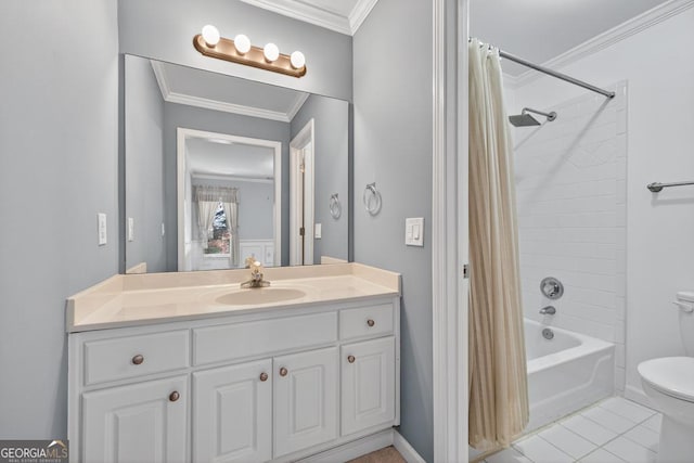 4225 Dunham Park, Flowery Branch, GA 30542 - bathroom with vanity, shower / tub combo with curtain, ornamental molding, and tile patterned flooring
