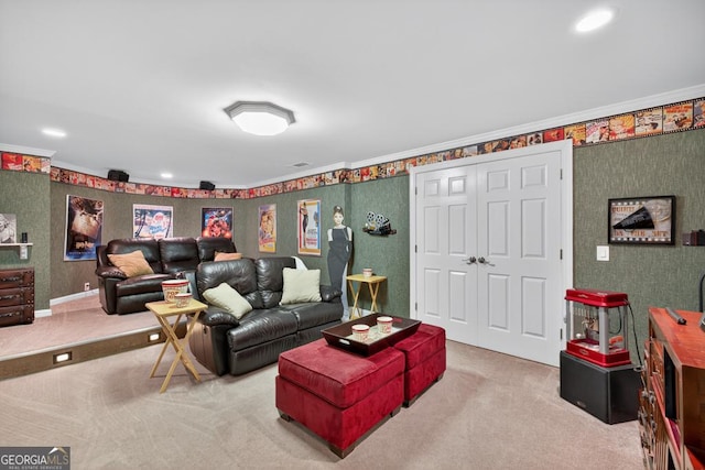 4225 Dunham Park, Flowery Branch, GA 30542 - carpeted living room with crown molding and wallpapered walls