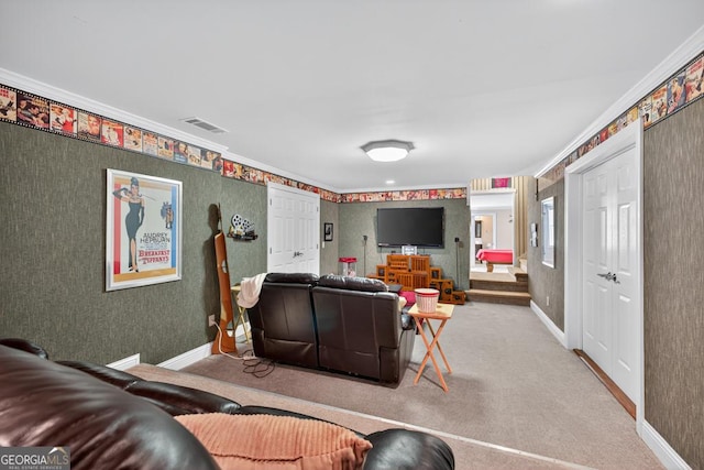 4225 Dunham Park, Flowery Branch, GA 30542 - home theater featuring wallpapered walls, ornamental molding, and carpet floors