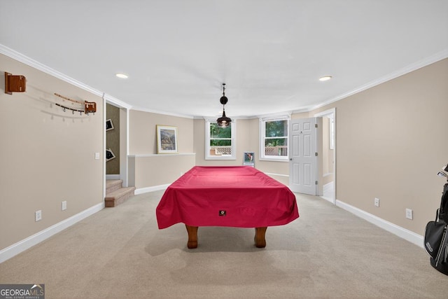 4225 Dunham Park, Flowery Branch, GA 30542 - game room with pool table, crown molding, carpet floors, and recessed lighting