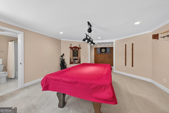 4225 Dunham Park, Flowery Branch, GA 30542 - playroom featuring light colored carpet, billiards table, recessed lighting, and crown molding