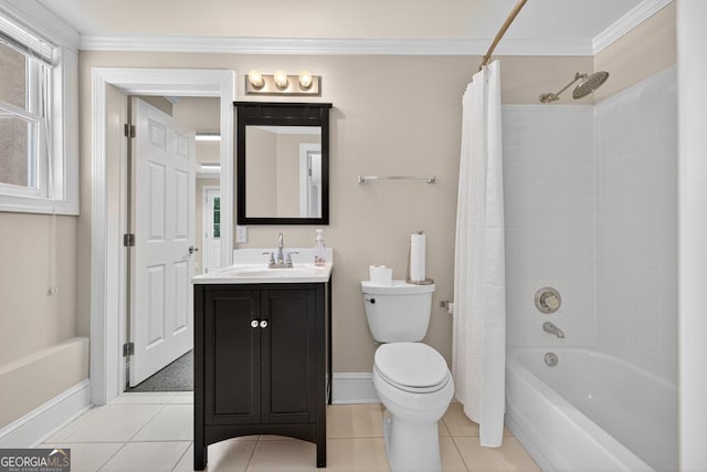 4225 Dunham Park, Flowery Branch, GA 30542 - bathroom featuring vanity, tile patterned floors, ornamental molding, and shower / tub combo with curtain