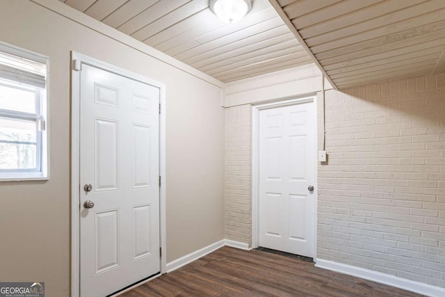 entryway featuring dark wood-type flooring and brick wall