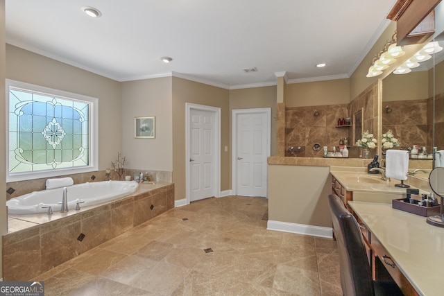 bathroom with vanity, crown molding, and shower with separate bathtub