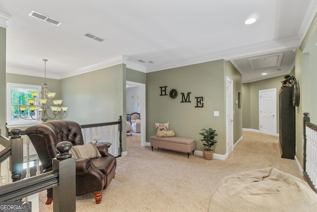 living area featuring light carpet, an inviting chandelier, and ornamental molding