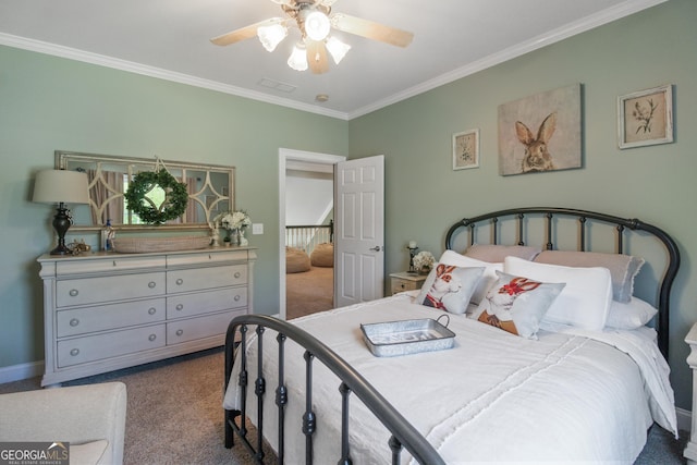 bedroom featuring ceiling fan, carpet, and ornamental molding