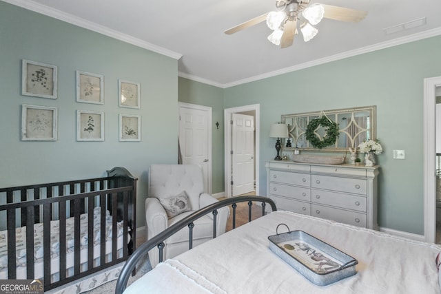 bedroom featuring ceiling fan and crown molding