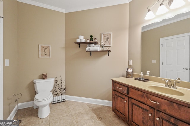 bathroom with toilet, ornamental molding, tile patterned flooring, and vanity