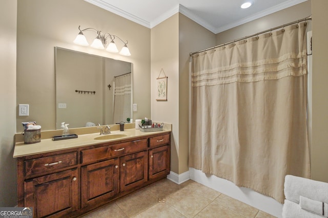 bathroom featuring vanity, tile patterned floors, shower / bath combo, and crown molding