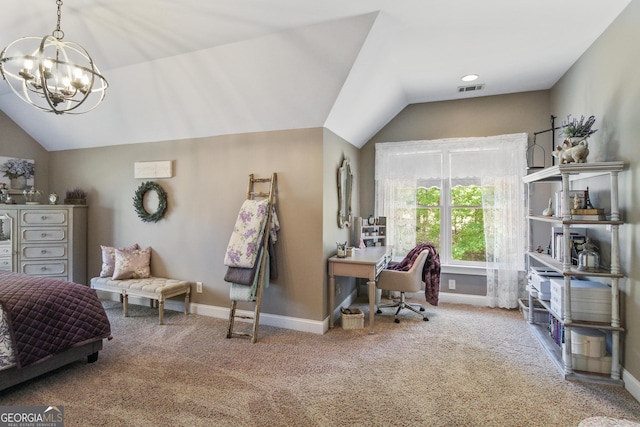 carpeted bedroom featuring vaulted ceiling and a chandelier