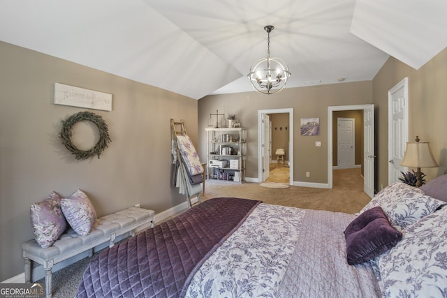 carpeted bedroom featuring vaulted ceiling and a notable chandelier