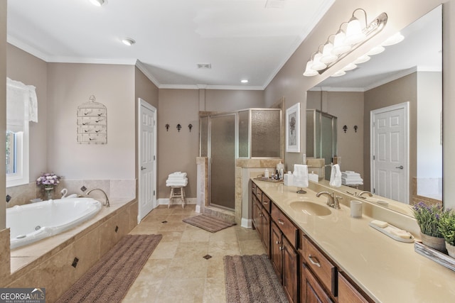 bathroom featuring separate shower and tub, vanity, tile patterned flooring, and ornamental molding