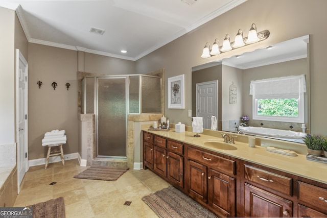 bathroom featuring vanity, crown molding, separate shower and tub, and tile patterned flooring