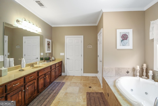 bathroom with tiled bath, vanity, tile patterned floors, and ornamental molding