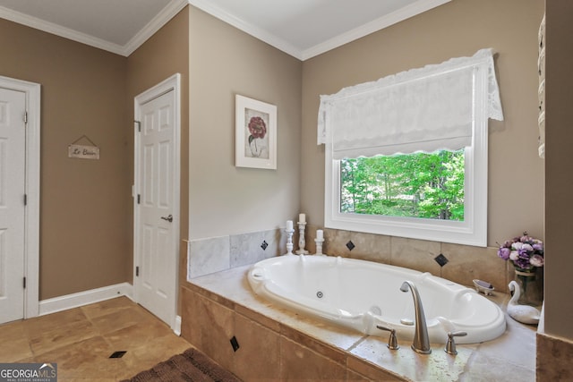 bathroom featuring a relaxing tiled tub, ornamental molding, and tile patterned flooring