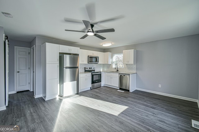 kitchen featuring sink, backsplash, white cabinetry, dark hardwood / wood-style floors, and stainless steel appliances