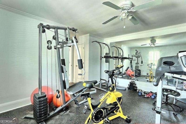 exercise room featuring ornamental molding