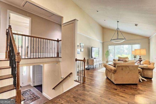 living room with vaulted ceiling and dark wood-type flooring