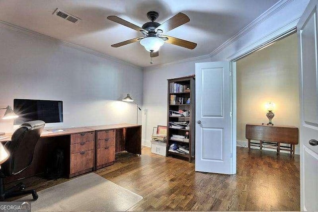 office featuring ceiling fan, dark hardwood / wood-style flooring, and crown molding