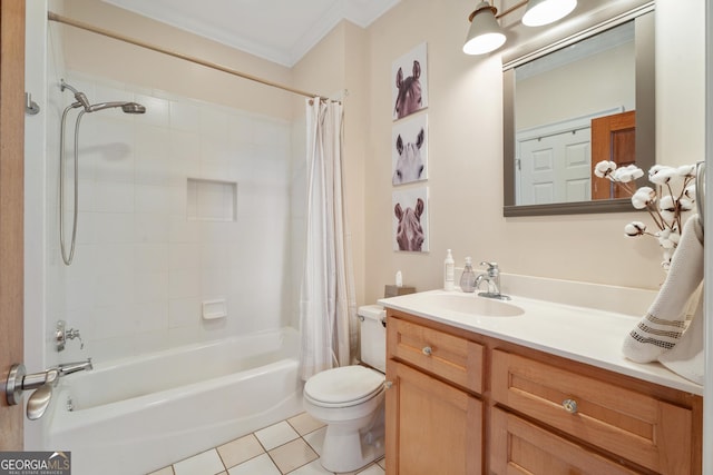 full bathroom with toilet, vanity, tile patterned flooring, shower / bathtub combination with curtain, and ornamental molding