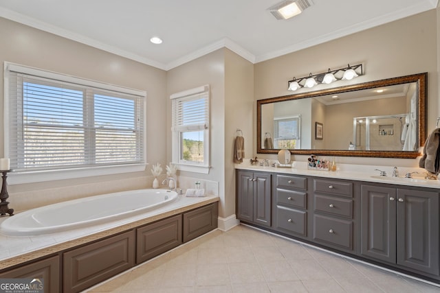 bathroom with ornamental molding, shower with separate bathtub, tile patterned floors, and vanity