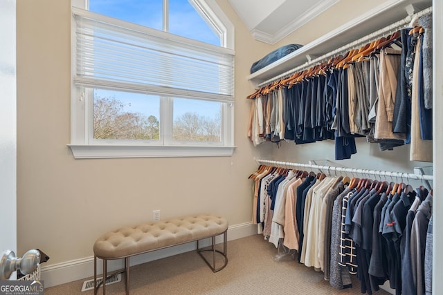 walk in closet featuring vaulted ceiling