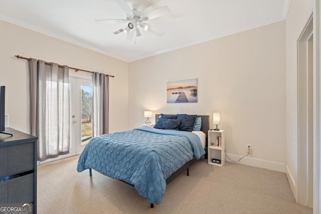 bedroom with ceiling fan, light colored carpet, access to exterior, and ornamental molding