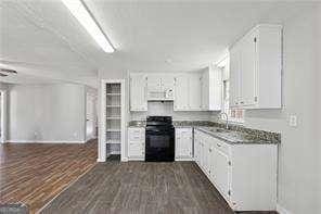 kitchen with white cabinets, dark hardwood / wood-style flooring, sink, and range