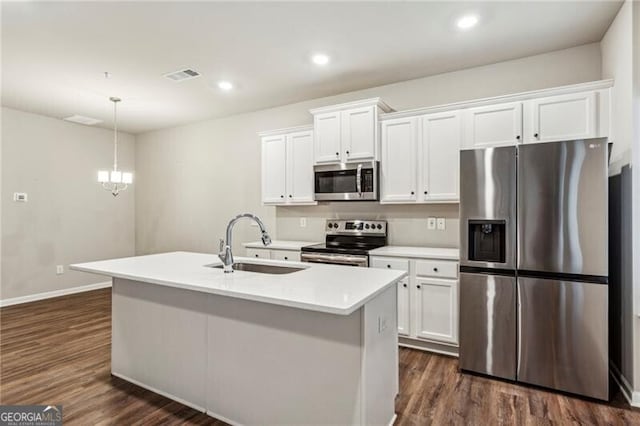 kitchen featuring appliances with stainless steel finishes, white cabinetry, sink, hanging light fixtures, and a kitchen island with sink