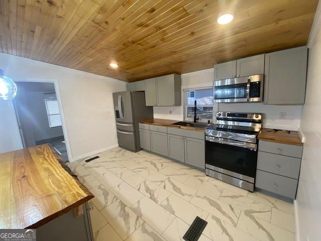 kitchen with appliances with stainless steel finishes, wood counters, and gray cabinets