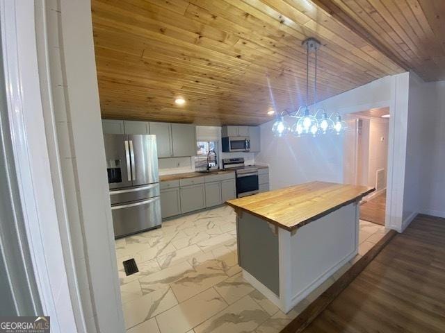 kitchen with appliances with stainless steel finishes, sink, butcher block counters, pendant lighting, and gray cabinets